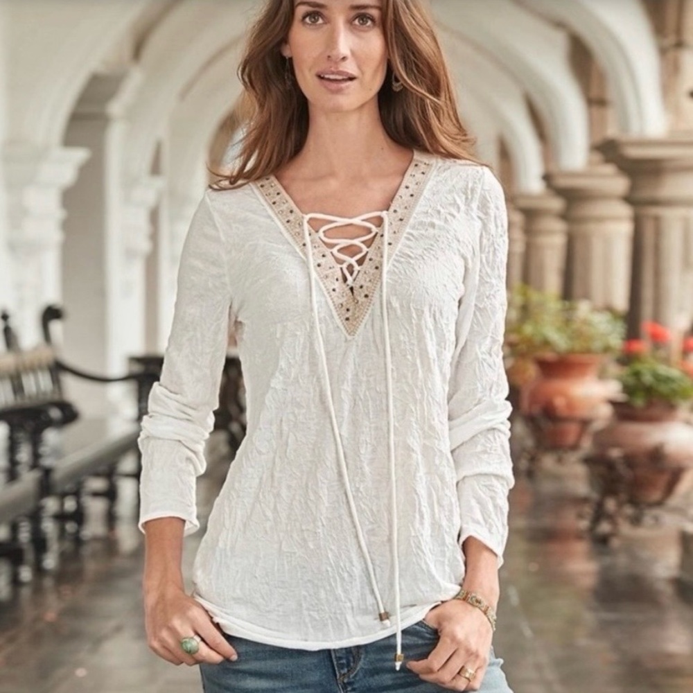 SUNDANCE Legacy Lace-Up V-Neck Crinkle Embroidered White Long Sleeve Breezy Top